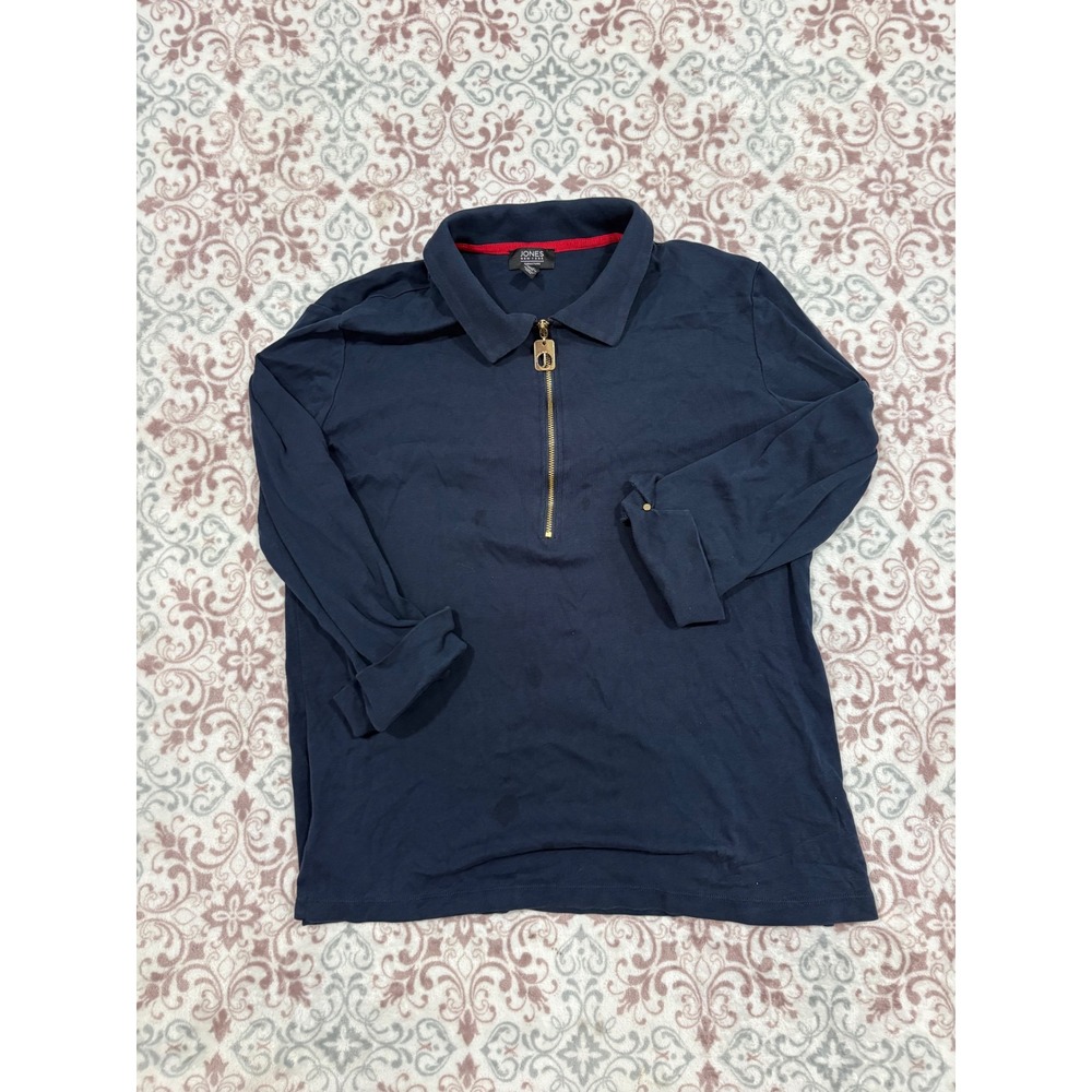 Jones New York Signature Navy Blue Quarter Zip Cotton Top XL Long Sleeve